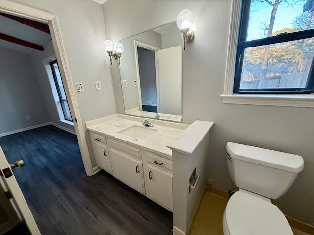 bathroom with vanity, hardwood / wood-style floors, and toilet