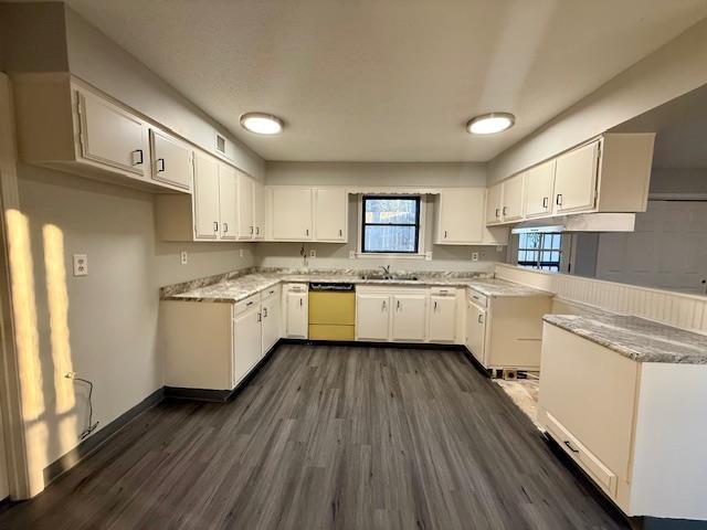 kitchen with sink, dark hardwood / wood-style floors, stainless steel dishwasher, and white cabinets