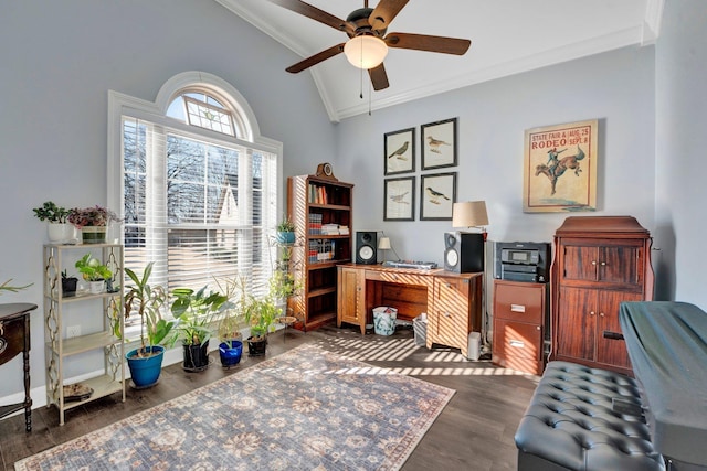 office space with ceiling fan, lofted ceiling, ornamental molding, and dark hardwood / wood-style flooring