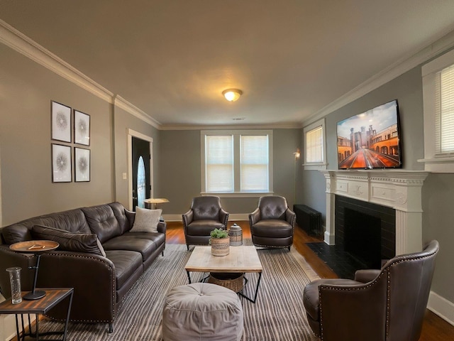 living room featuring crown molding, radiator, and hardwood / wood-style floors