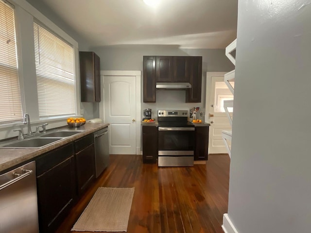 kitchen with stainless steel appliances, sink, dark brown cabinetry, and dark hardwood / wood-style floors