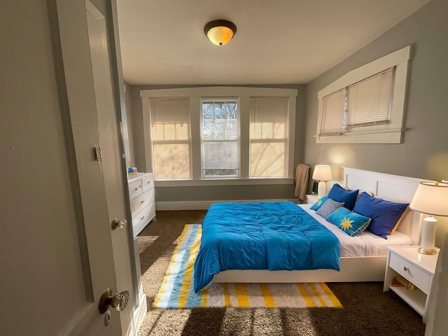 bedroom featuring dark colored carpet