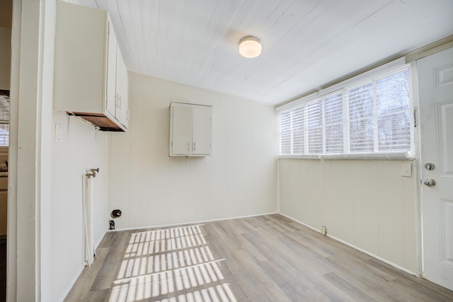 clothes washing area with wood walls and light wood-type flooring