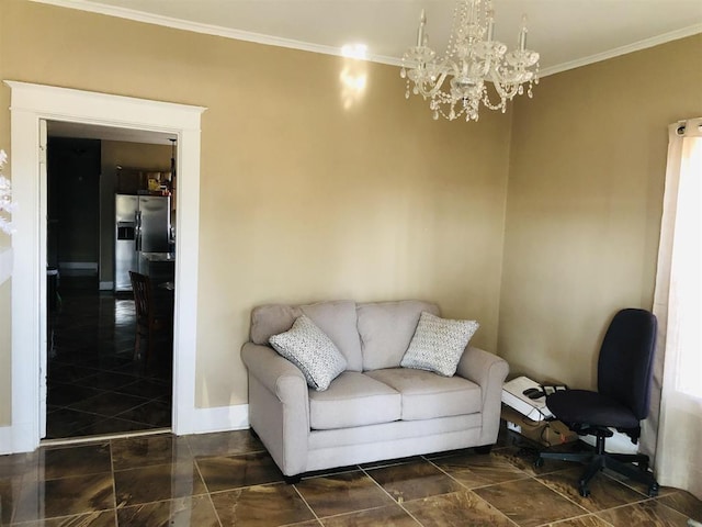 sitting room featuring an inviting chandelier and crown molding