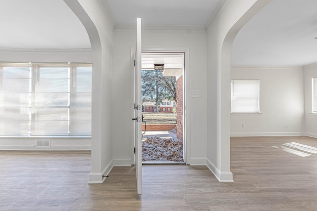 entrance foyer with crown molding and a wealth of natural light