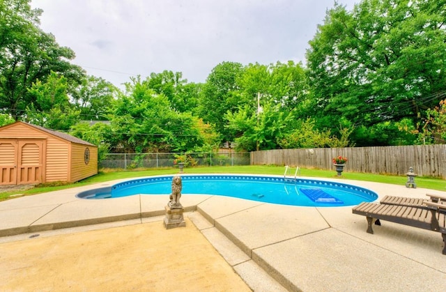 view of pool with a patio area and a storage shed