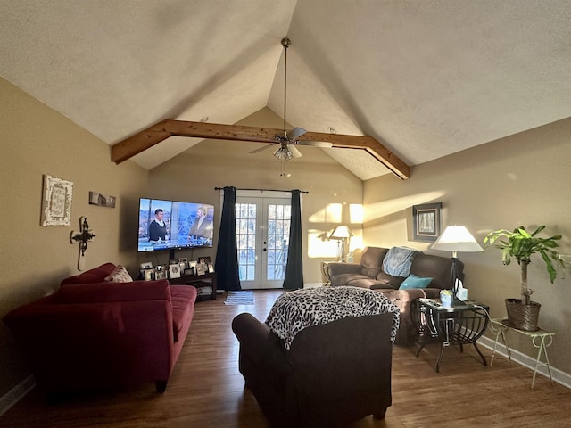 living room with french doors, wood-type flooring, and lofted ceiling with beams