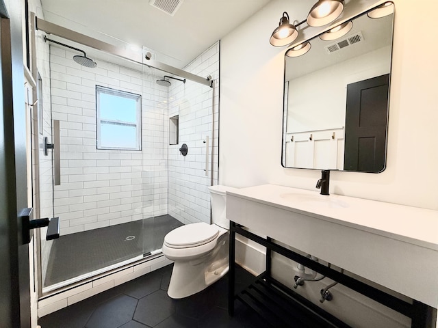 bathroom featuring tile patterned flooring, vanity, baseboard heating, toilet, and a shower with door