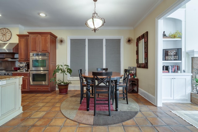 tiled dining room with ornamental molding and built in features