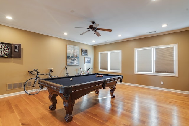 rec room featuring pool table, light hardwood / wood-style flooring, ornamental molding, and ceiling fan