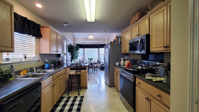 kitchen featuring appliances with stainless steel finishes, sink, a textured ceiling, and a wealth of natural light