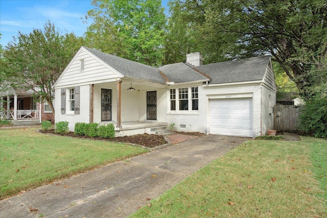 ranch-style house with a garage, covered porch, and a front yard