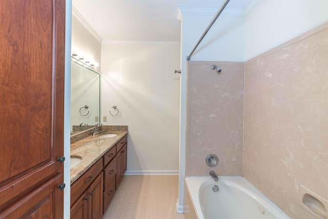 bathroom featuring shower / bathtub combination, ornamental molding, and vanity