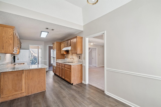 kitchen featuring sink, backsplash, dark hardwood / wood-style floors, black electric stovetop, and a textured ceiling