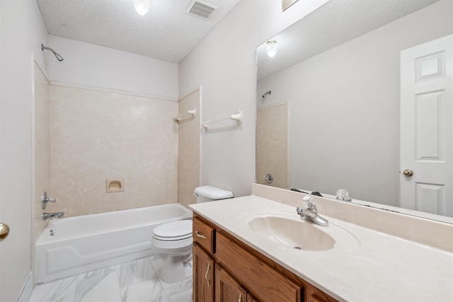 full bathroom with vanity, toilet, bathing tub / shower combination, and a textured ceiling