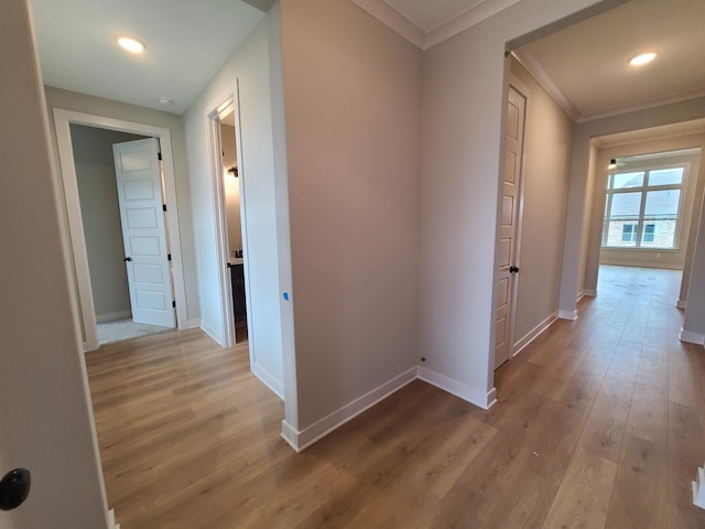 hall featuring ornamental molding and light hardwood / wood-style floors