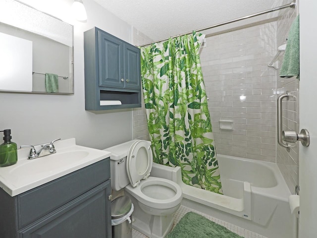 full bathroom featuring shower / bathtub combination with curtain, vanity, toilet, and a textured ceiling