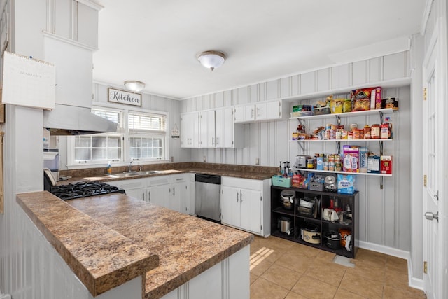 kitchen featuring white cabinetry, kitchen peninsula, dishwasher, and light tile patterned flooring