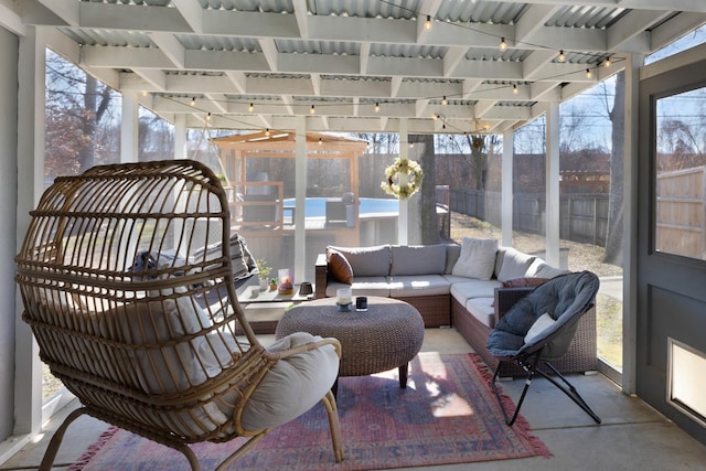 view of patio with an outdoor living space and a pergola