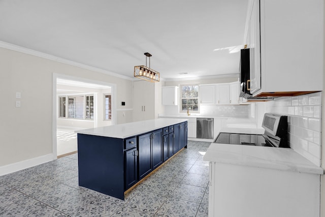 kitchen featuring appliances with stainless steel finishes, decorative light fixtures, white cabinets, backsplash, and blue cabinetry