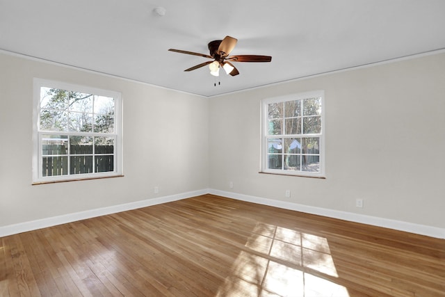 spare room with hardwood / wood-style flooring, ceiling fan, and crown molding