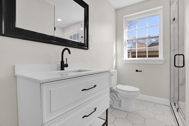 bathroom featuring vanity, toilet, tile patterned flooring, and a shower with door