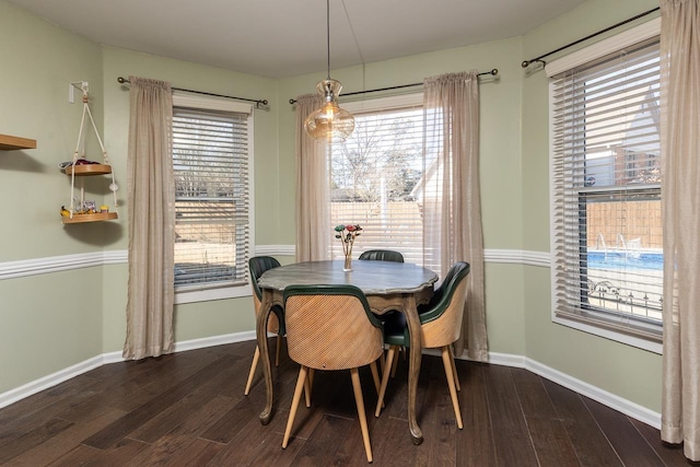 dining area featuring plenty of natural light and dark hardwood / wood-style floors