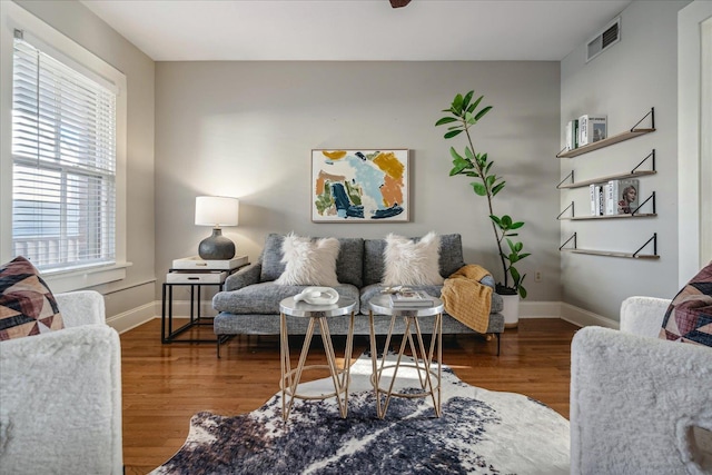 living room featuring dark wood-type flooring and a healthy amount of sunlight