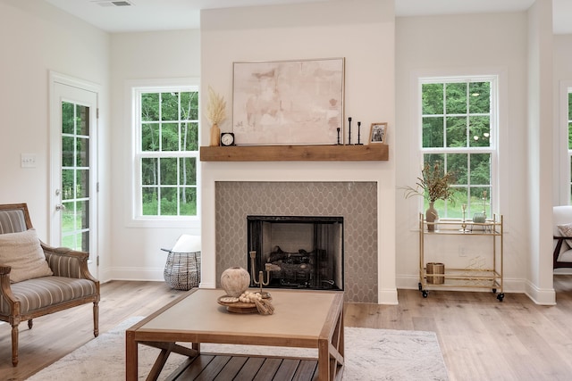 living area with a fireplace, plenty of natural light, and light hardwood / wood-style floors