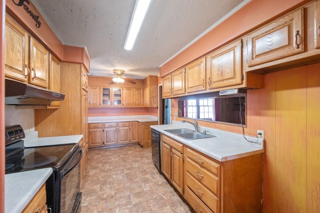 kitchen featuring sink, crown molding, a textured ceiling, ceiling fan, and black appliances