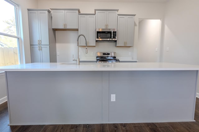 kitchen featuring appliances with stainless steel finishes, sink, a large island with sink, and dark wood-type flooring