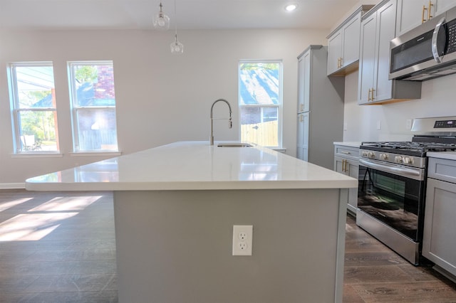 kitchen featuring hanging light fixtures, stainless steel appliances, gray cabinets, sink, and a kitchen island with sink