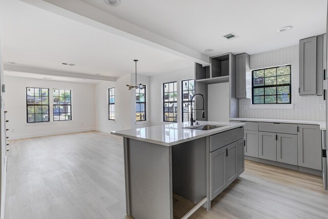 kitchen featuring visible vents, gray cabinetry, a sink, and light wood-type flooring