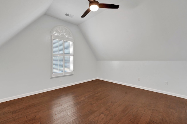 additional living space with vaulted ceiling, ceiling fan, and hardwood / wood-style floors