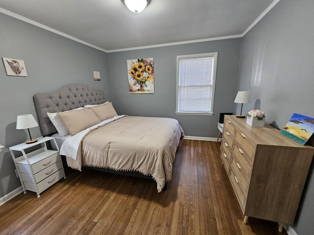 bedroom featuring crown molding and dark wood-type flooring