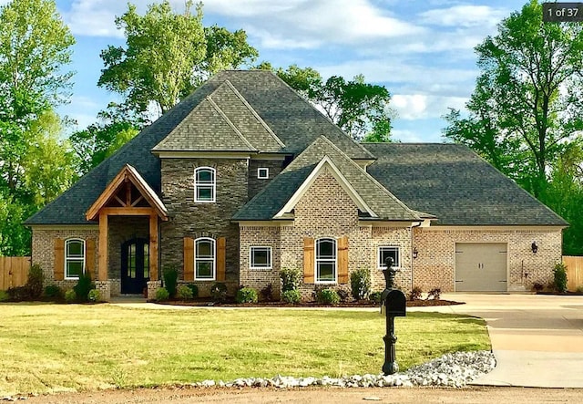 view of front facade with a garage and a front lawn