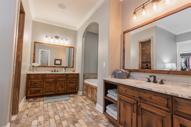 bathroom featuring crown molding, vanity, and plus walk in shower