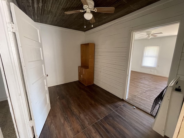 spare room with wood ceiling, ceiling fan, dark hardwood / wood-style flooring, and wooden walls