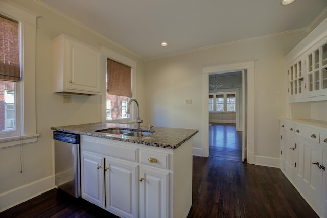 kitchen with sink, white cabinets, kitchen peninsula, and dishwasher