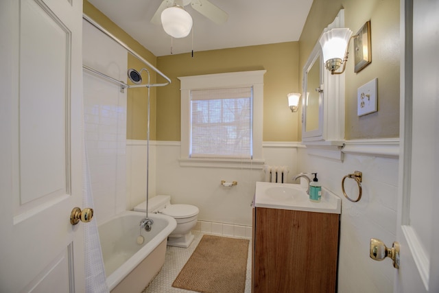 full bathroom with radiator heating unit, shower / bathing tub combination, vanity, toilet, and tile patterned floors