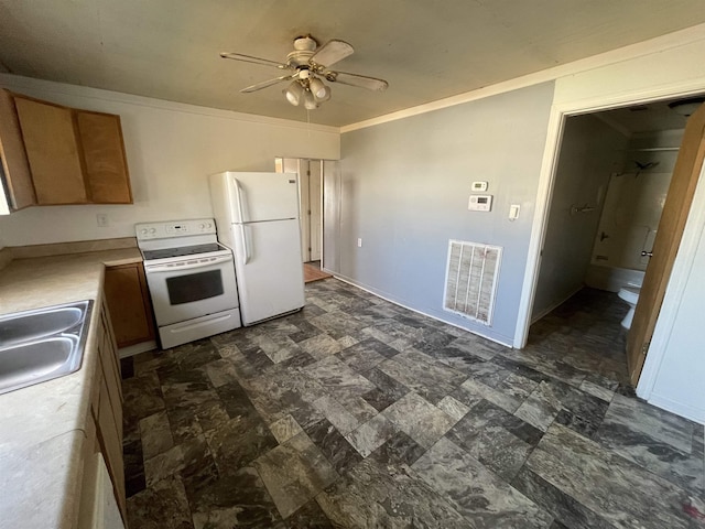 kitchen with ornamental molding, sink, ceiling fan, and white appliances