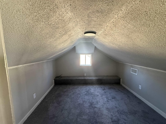 bonus room featuring vaulted ceiling, a textured ceiling, and carpet