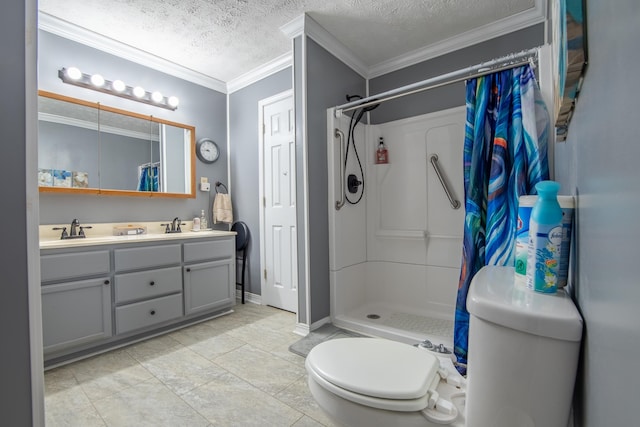 bathroom with toilet, a shower with curtain, crown molding, a textured ceiling, and vanity