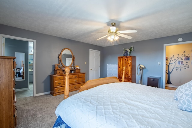 carpeted bedroom featuring connected bathroom, a textured ceiling, and ceiling fan