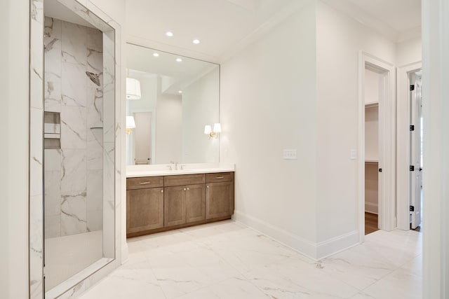 9932 Whittmore Park Ln, Collierville, TN 38017 - full bathroom featuring marble look tiles, vanity, baseboards, a marble finish shower, and recessed lighting