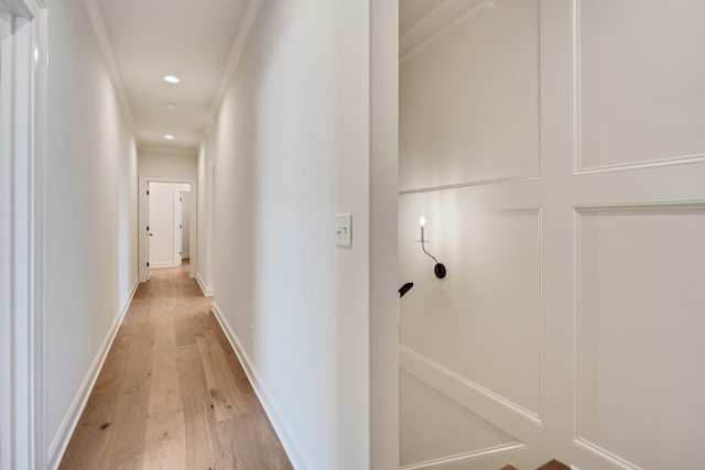 9932 Whittmore Park Ln, Collierville, TN 38017 - hallway with ornamental molding, light wood-type flooring, recessed lighting, and baseboards