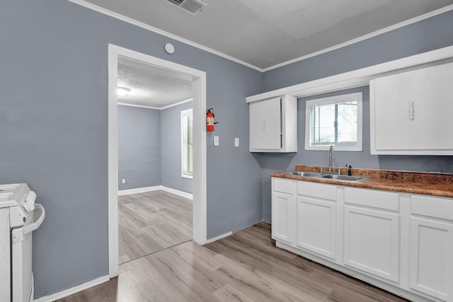 kitchen with electric stove, white cabinetry, crown molding, and sink