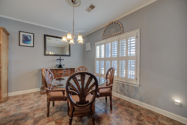 dining area with crown molding and a notable chandelier