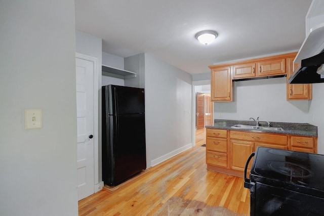 kitchen with island exhaust hood, sink, light hardwood / wood-style flooring, and black appliances