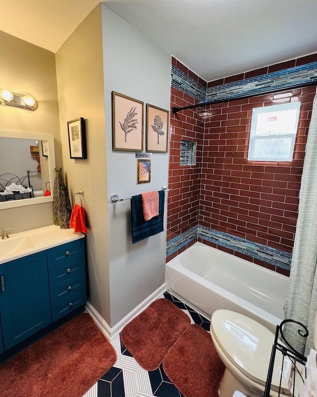 full bathroom with shower / bath combination with curtain, tile patterned floors, toilet, and vanity